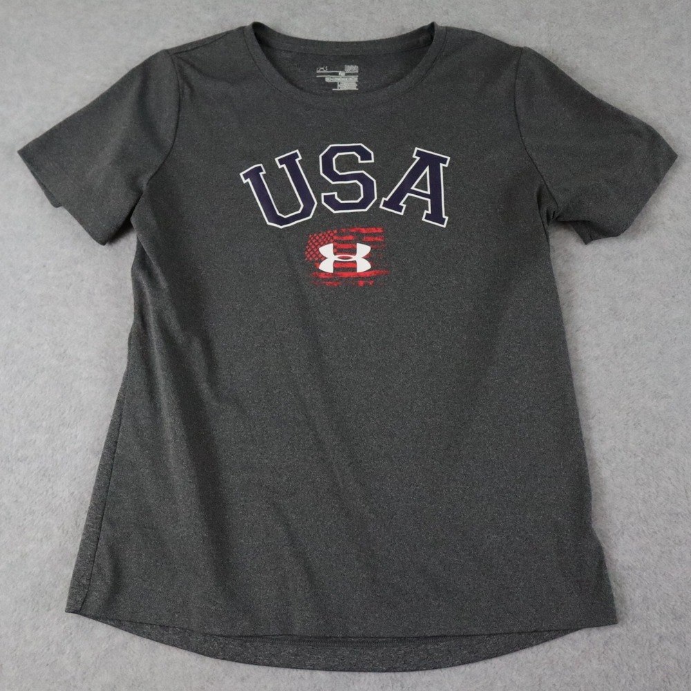 Under Armour Shirt Top Womens Large Semi Fitted Activewear USA Gray Short Sleeve